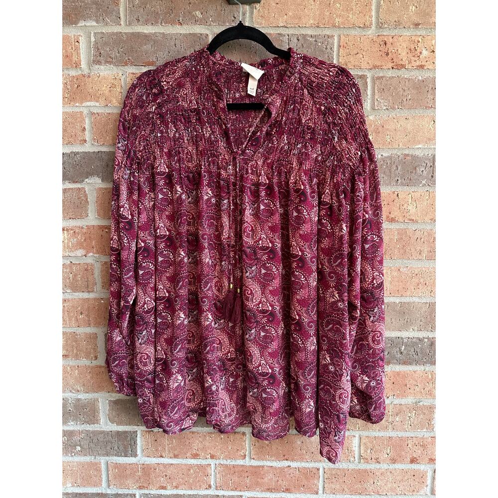 Knox Rose Burgundy Paisley Smocked Peasant Blouse